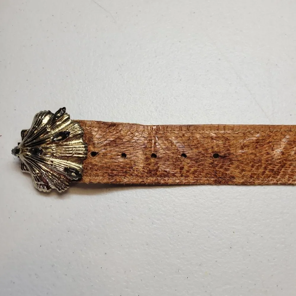 Vintage Snakeskin Leather Belt with Gold Toned Shell Buckle with Smokey Gems